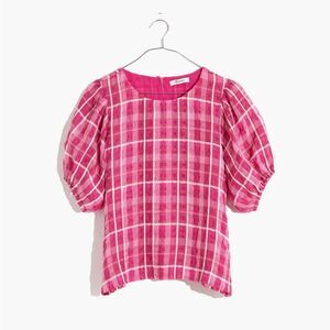 Madewell Pink Plaid Puff-Sleeve Blouse